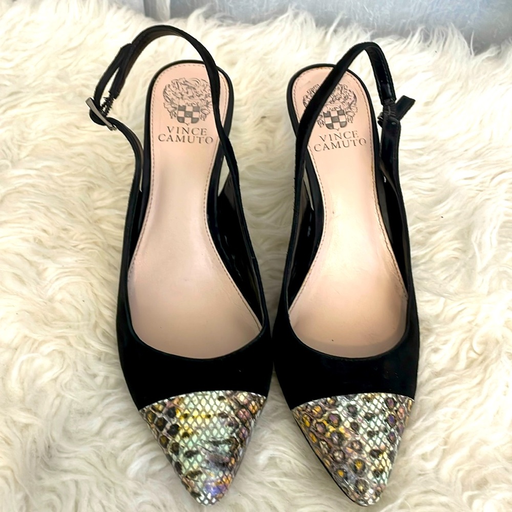 Vince Camuto Stanton Cap Toe Snake skin slingback heels black suede uppers S -8